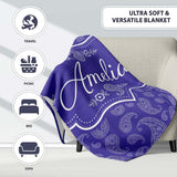 Stylish White Paisley Ornament Pattern on Rich Purple Background  Personalised Custom Name Super Soft Fleece Blanket Bed Sofa Throw