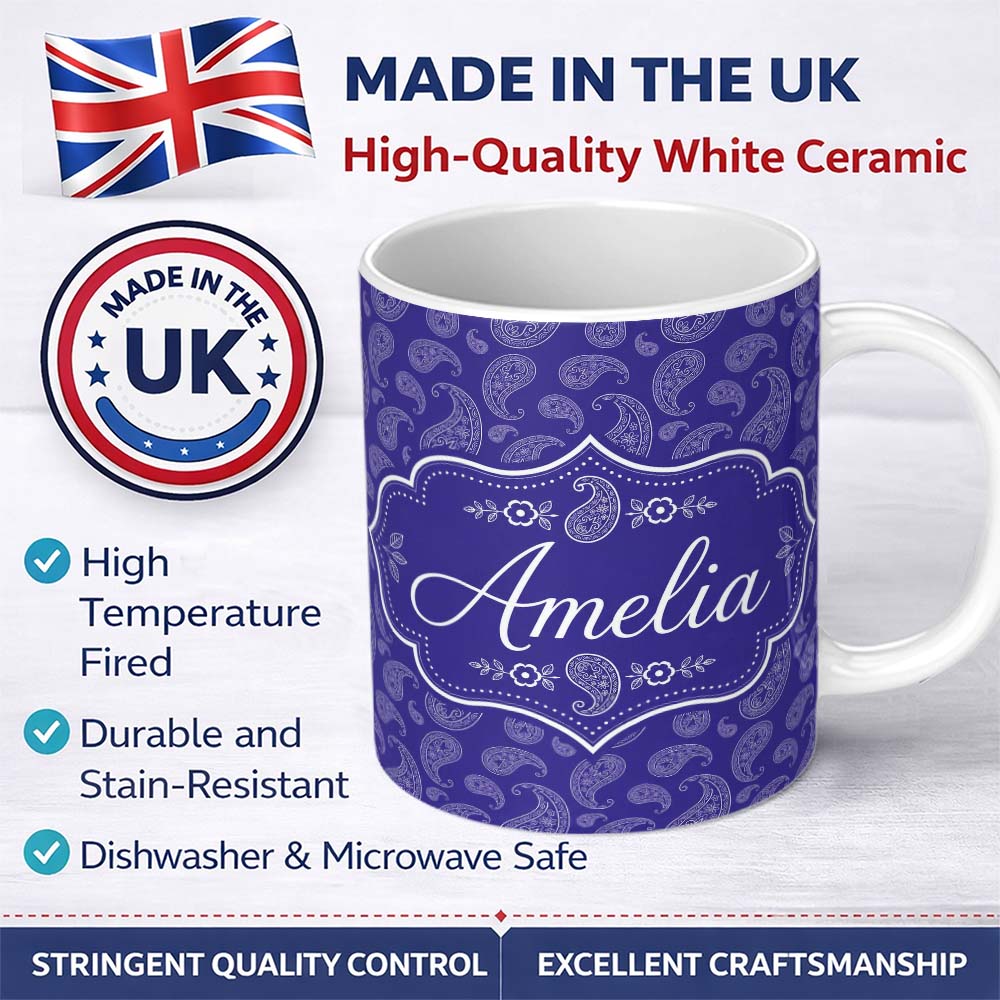 Personalized Custom Name Stylish White Paisley Ornament Pattern on Rich Purple Background 11oz Ceramic Coffee Tea Mug White Large Handle