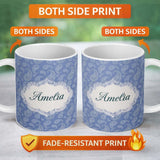 Personalized Custom Name Soft White Paisley Floral Pattern on Muted Blue Background Seamless 11oz Ceramic Coffee Tea Mug White Large Handle