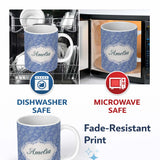 Personalized Custom Name Soft White Paisley Floral Pattern on Muted Blue Background Seamless 11oz Ceramic Coffee Tea Mug White Large Handle