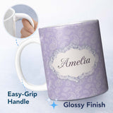 Personalized Custom Name Elegant White Paisley Design on Subtle Grey Blue Background 11oz Ceramic Coffee Tea Mug White Large Handle