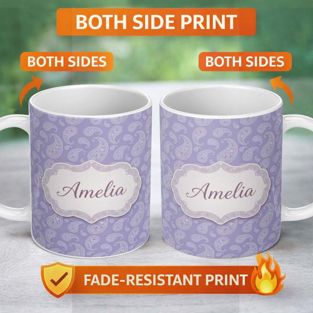 Personalized Custom Name Classic White Paisley Pattern on Light Lavender Background Seamless 11oz Ceramic Coffee Tea Mug White Large Handle