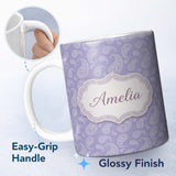 Personalized Custom Name Classic White Paisley Pattern on Light Lavender Background Seamless 11oz Ceramic Coffee Tea Mug White Large Handle