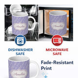 Personalized Custom Name Classic White Paisley Pattern on Light Lavender Background Seamless 11oz Ceramic Coffee Tea Mug White Large Handle