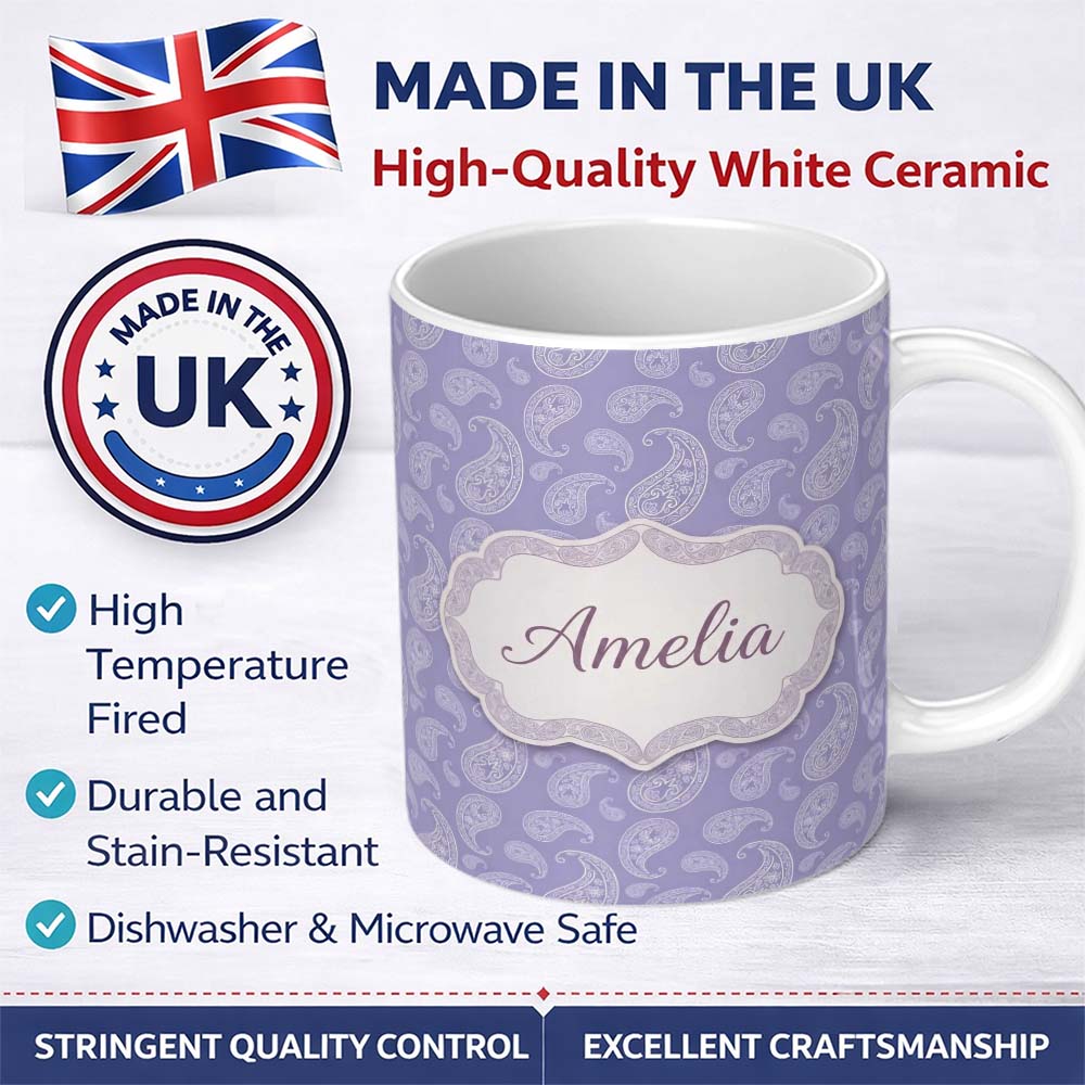 Personalized Custom Name Classic White Paisley Pattern on Light Lavender Background Seamless 11oz Ceramic Coffee Tea Mug White Large Handle