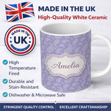 Personalized Custom Name Classic White Paisley Pattern on Light Lavender Background Seamless 11oz Ceramic Coffee Tea Mug White Large Handle
