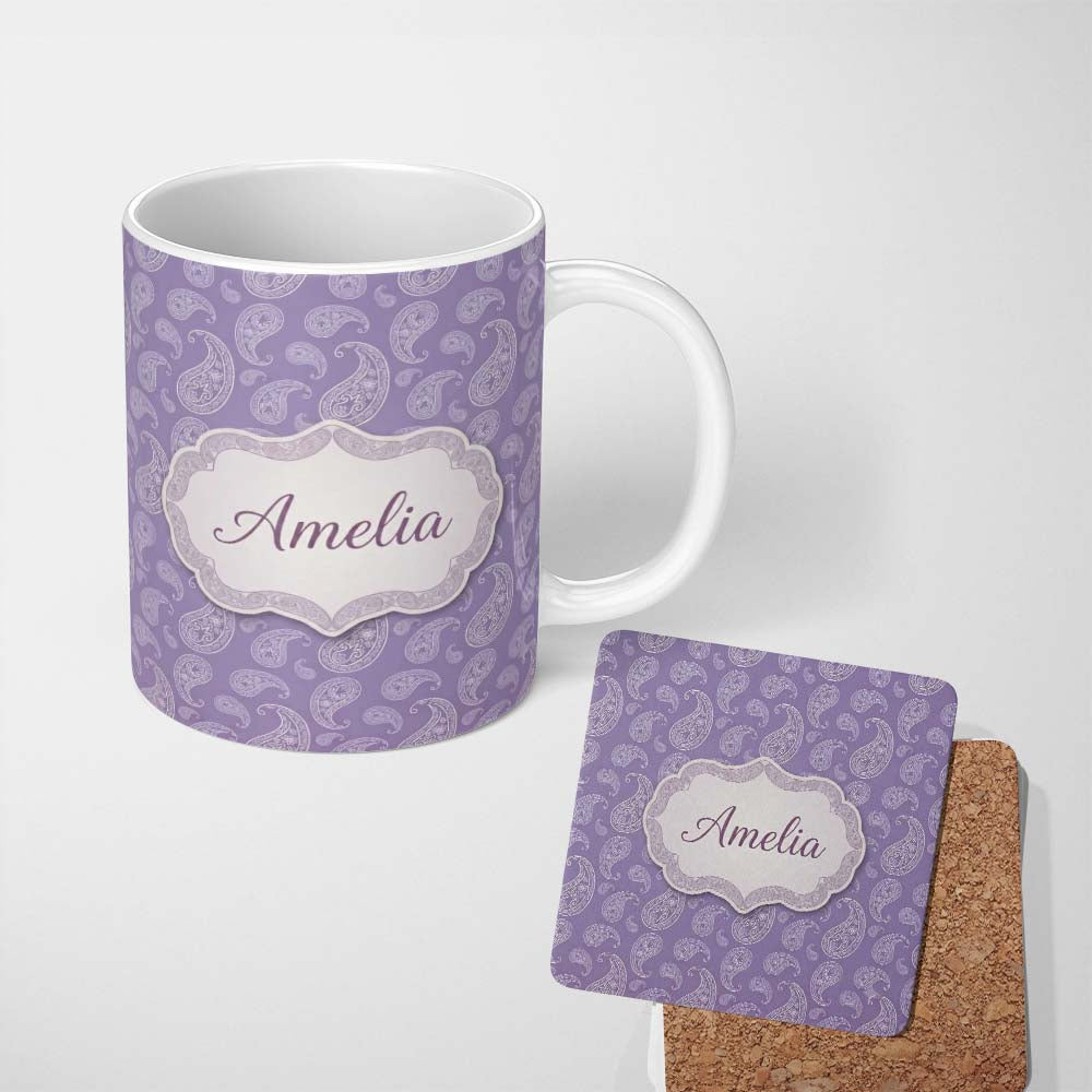 Personalized Custom Name Decorative White Paisley Motif on Soft Lilac Background Seamless 11oz Ceramic Coffee Tea Mug White Large Handle