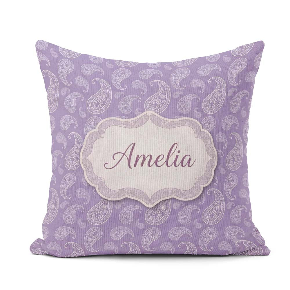 Custom Name Decorative White Paisley Motif Soft Lilac Background Square Filled Cushion Throw Pillow Sofa Bed Home Decor Zip Washable UK Made
