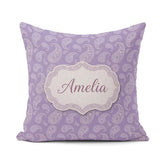 Custom Name Decorative White Paisley Motif Soft Lilac Background Square Filled Cushion Throw Pillow Sofa Bed Home Decor Zip Washable UK Made