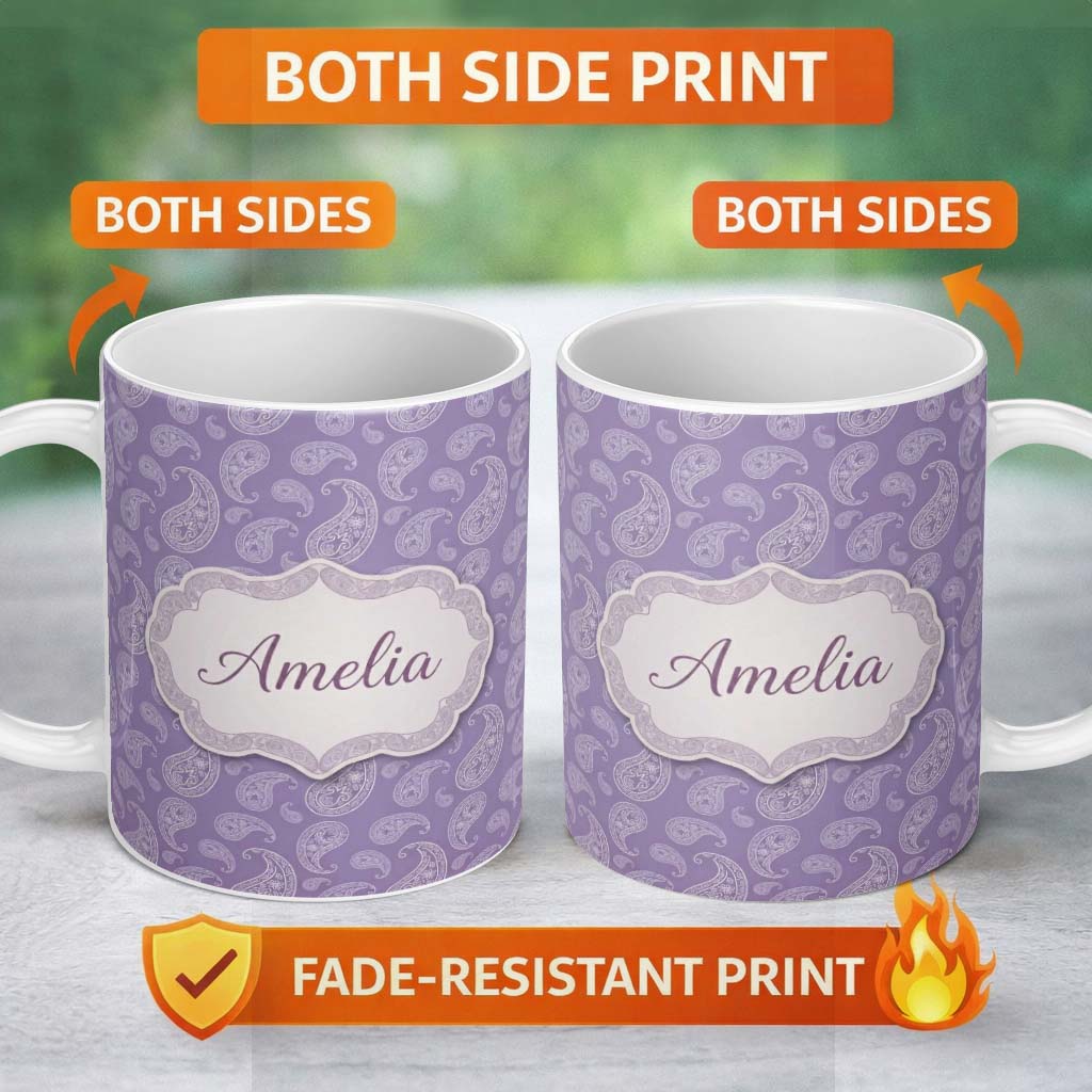 Personalized Custom Name Decorative White Paisley Motif on Soft Lilac Background Seamless 11oz Ceramic Coffee Tea Mug White Large Handle