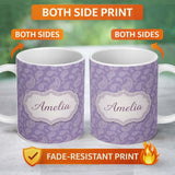 Personalized Custom Name Decorative White Paisley Motif on Soft Lilac Background Seamless 11oz Ceramic Coffee Tea Mug White Large Handle