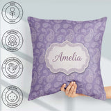 Custom Name Decorative White Paisley Motif Soft Lilac Background Square Filled Cushion Throw Pillow Sofa Bed Home Decor Zip Washable UK Made
