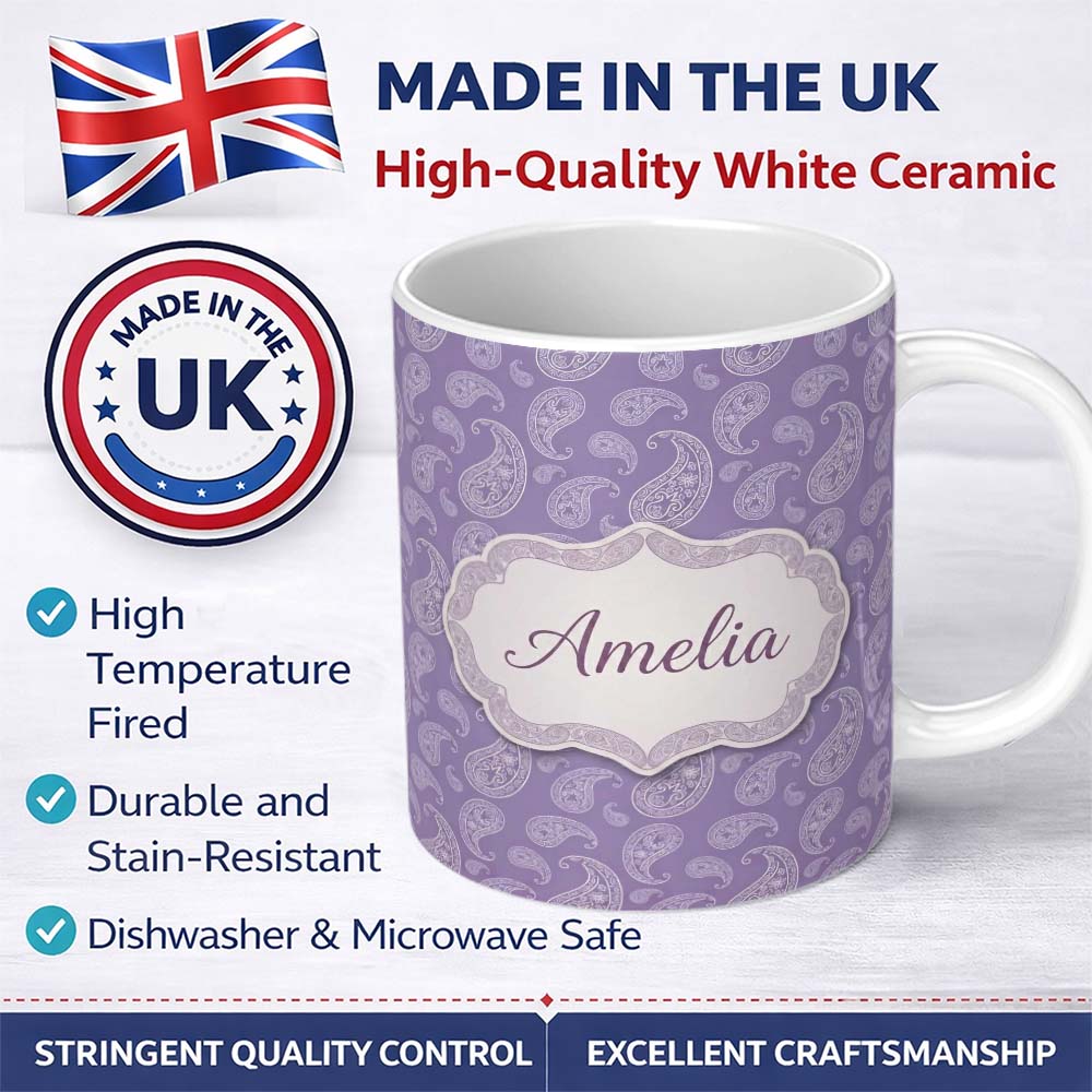Personalized Custom Name Decorative White Paisley Motif on Soft Lilac Background Seamless 11oz Ceramic Coffee Tea Mug White Large Handle