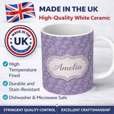 Personalized Custom Name Decorative White Paisley Motif on Soft Lilac Background Seamless 11oz Ceramic Coffee Tea Mug White Large Handle