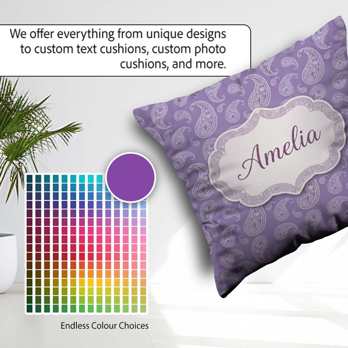 Custom Name Decorative White Paisley Motif Soft Lilac Background Square Filled Cushion Throw Pillow Sofa Bed Home Decor Zip Washable UK Made