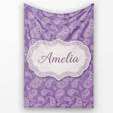 Ornamental White Paisley Pattern on Mauve Purple Background  Personalised Custom Name Super Soft Fleece Blanket Bed Sofa Throw