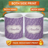 Personalized Custom Name Ornamental White Paisley Pattern on Mauve Purple Background 11oz Ceramic Coffee Tea Mug White Large Handle