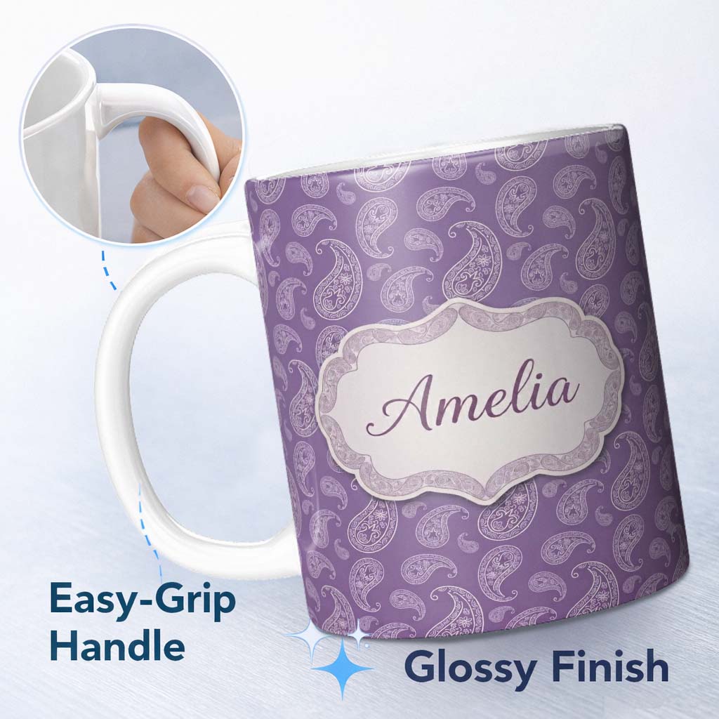 Personalized Custom Name Ornamental White Paisley Pattern on Mauve Purple Background 11oz Ceramic Coffee Tea Mug White Large Handle