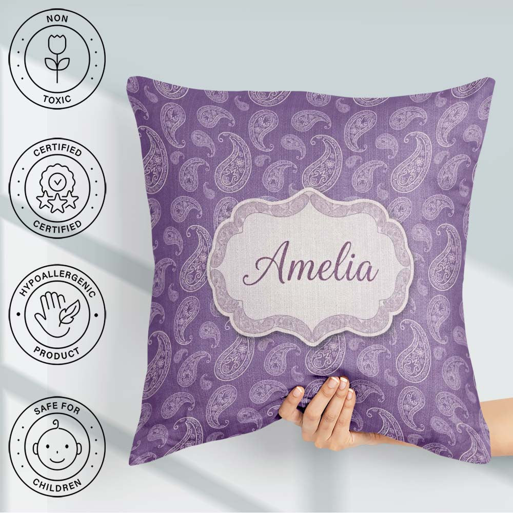Custom Name Ornamental White Paisley Pattern on Mauve Background Square Filled Cushion Throw Pillow Sofa Bed Home Decor Zip Washable UK Made