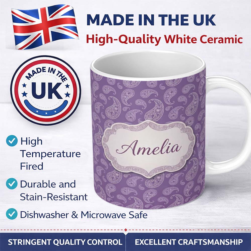 Personalized Custom Name Ornamental White Paisley Pattern on Mauve Purple Background 11oz Ceramic Coffee Tea Mug White Large Handle