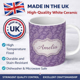 Personalized Custom Name Ornamental White Paisley Pattern on Mauve Purple Background 11oz Ceramic Coffee Tea Mug White Large Handle