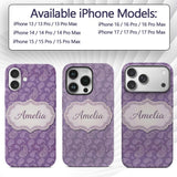 Ornamental White Paisley Pattern on Mauve Purple Custom Name Protective Phone Case Mobile Cover Durable Everyday Smartphone Shock Resistant