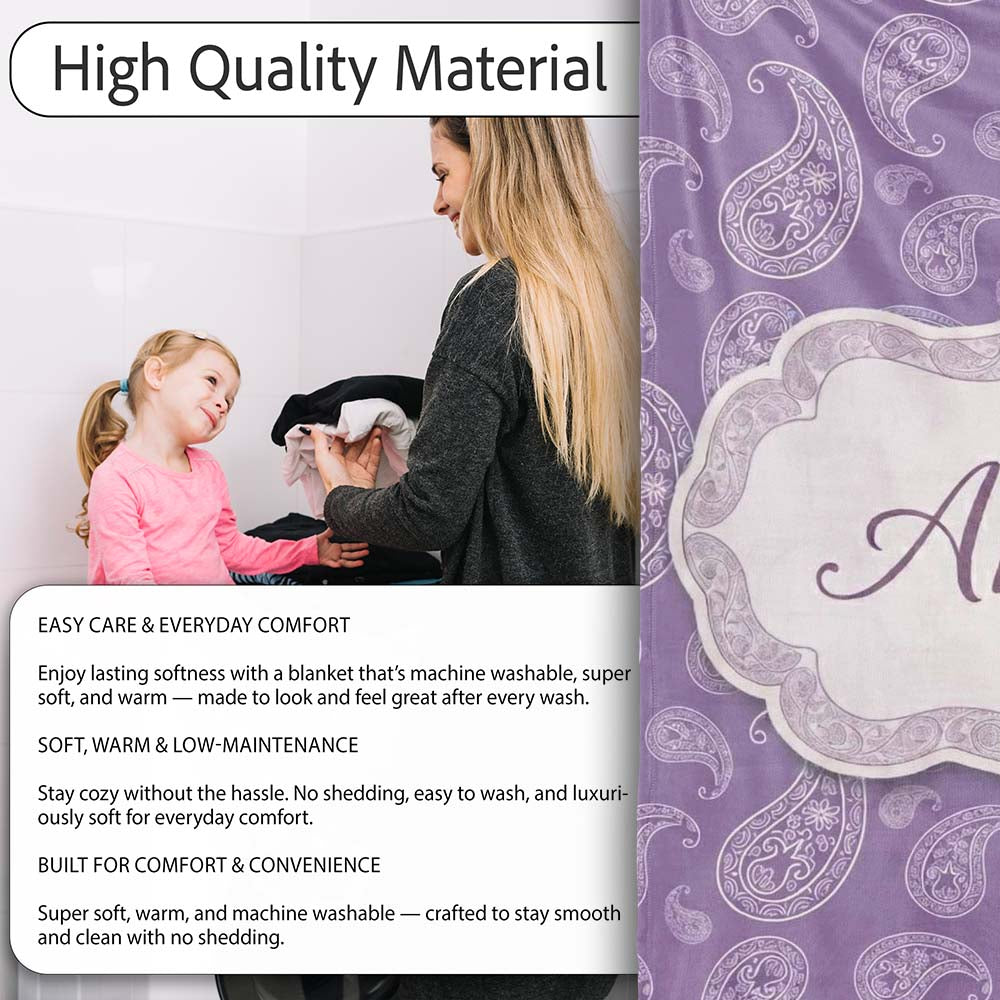 Ornamental White Paisley Pattern on Mauve Purple Background  Personalised Custom Name Super Soft Fleece Blanket Bed Sofa Throw