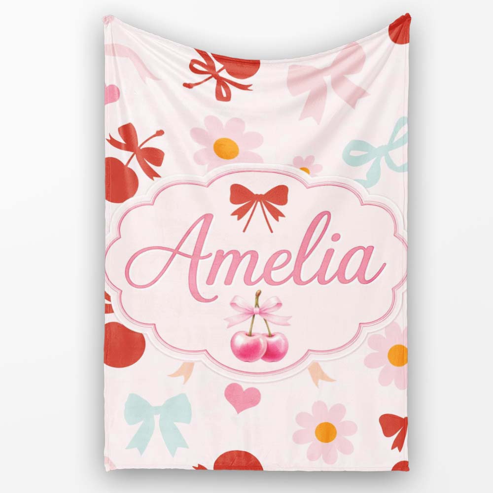 Cute Cherry Bow Daisy Floral Pastel Hearts and Flowers Background  Personalised Custom Name Super Soft Fleece Blanket Bed Sofa Throw