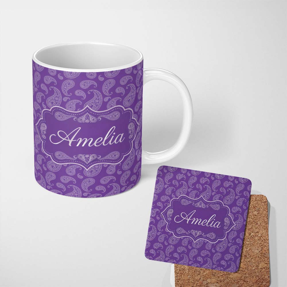 Personalized Custom Name Traditional White Paisley Floral Design on Deep Violet Background 11oz Ceramic Coffee Tea Mug White Large Handle