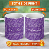 Personalized Custom Name Traditional White Paisley Floral Design on Deep Violet Background 11oz Ceramic Coffee Tea Mug White Large Handle