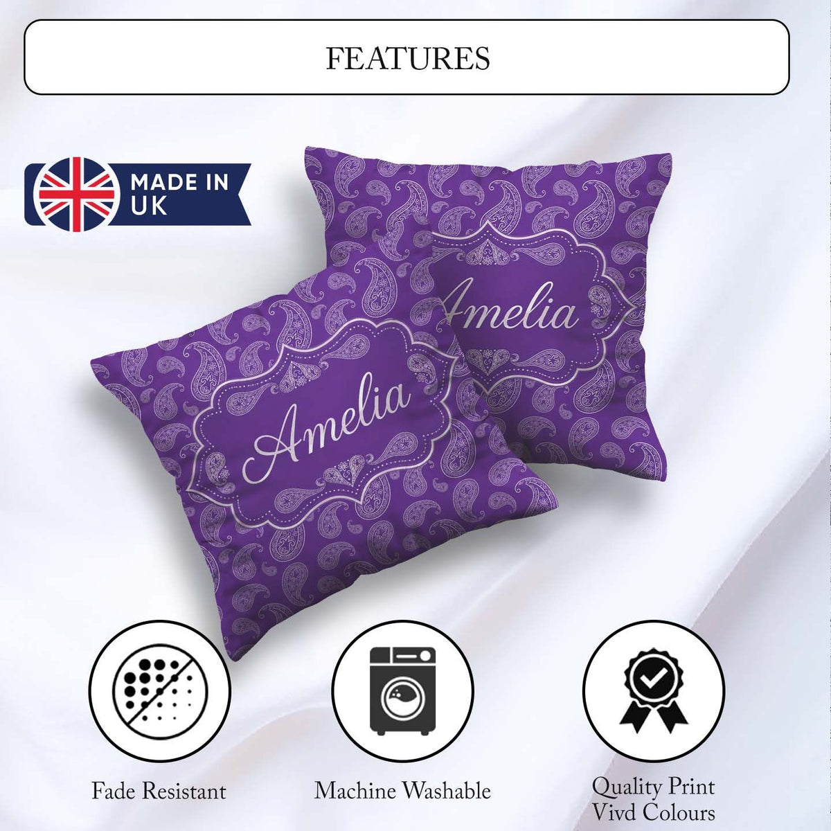Custom Name Traditional Paisley Floral Design on Deep Background Square Filled Cushion Throw Pillow Sofa Bed Home Decor Zip Washable UK Made