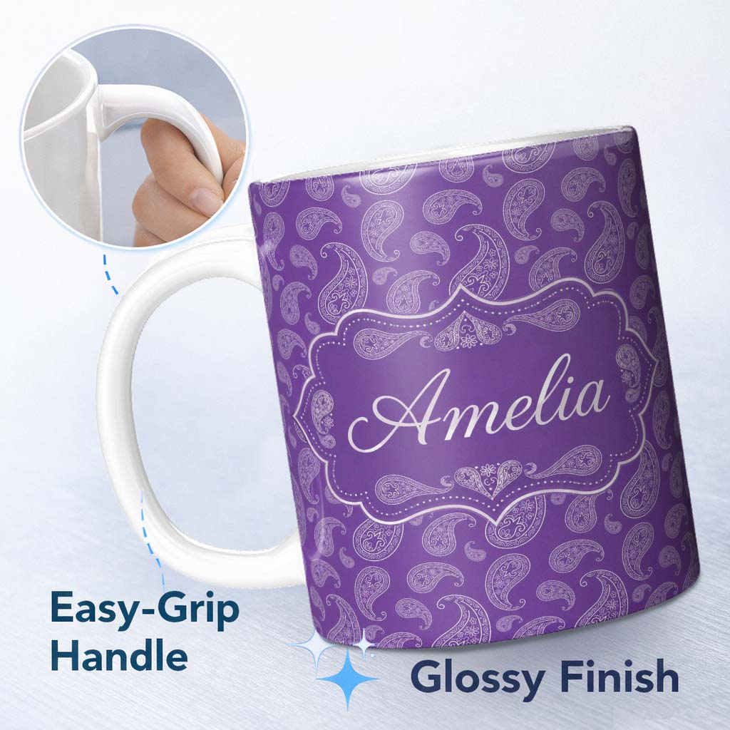 Personalized Custom Name Traditional White Paisley Floral Design on Deep Violet Background 11oz Ceramic Coffee Tea Mug White Large Handle