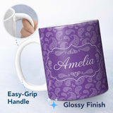 Personalized Custom Name Traditional White Paisley Floral Design on Deep Violet Background 11oz Ceramic Coffee Tea Mug White Large Handle