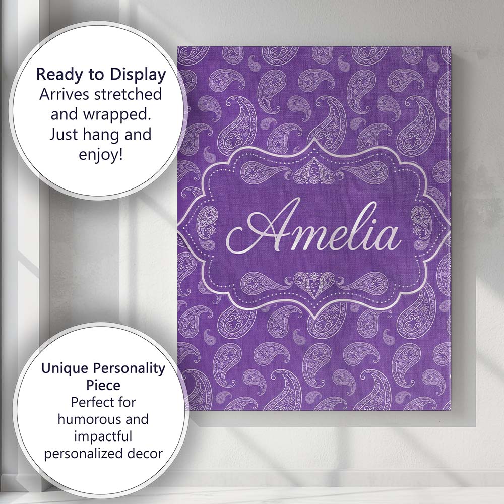 Personalised Name Traditional White Paisley Custom  Bespoke Interior Contemporary Canvas Wall Art Print Decor Picture Ready to Hang