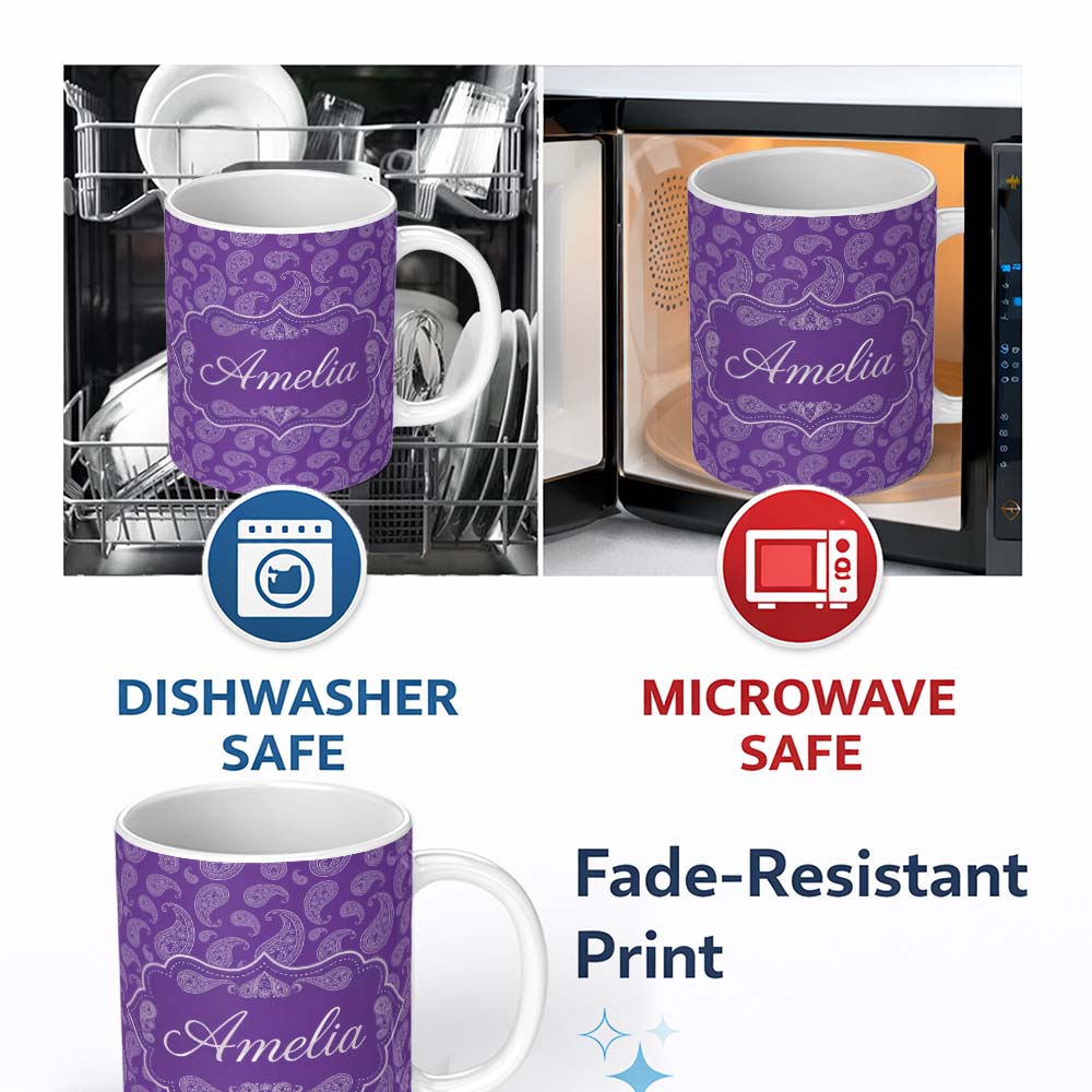 Personalized Custom Name Traditional White Paisley Floral Design on Deep Violet Background 11oz Ceramic Coffee Tea Mug White Large Handle