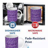 Personalized Custom Name Traditional White Paisley Floral Design on Deep Violet Background 11oz Ceramic Coffee Tea Mug White Large Handle
