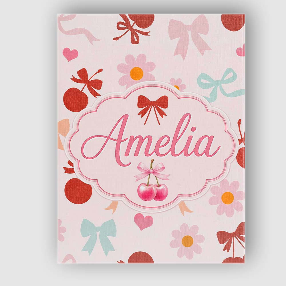 Personalised Name Cute Cherry Bow Daisy Floral Pastel Hearts and Custom  Interior Canvas Wall Art Print Decor Picture Ready to Hang