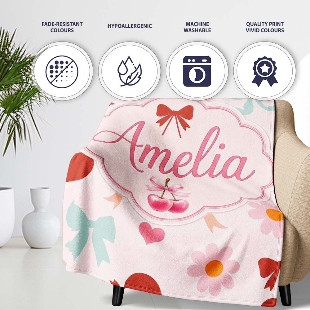 Cute Cherry Bow Daisy Floral Pastel Hearts and Flowers Background  Personalised Custom Name Super Soft Fleece Blanket Bed Sofa Throw