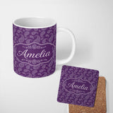 Personalized Custom Name Elegant White Paisley Floral Pattern on Deep Plum Purple Seamless 11oz Ceramic Coffee Tea Mug White Large Handle