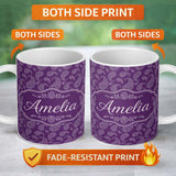 Personalized Custom Name Elegant White Paisley Floral Pattern on Deep Plum Purple Seamless 11oz Ceramic Coffee Tea Mug White Large Handle