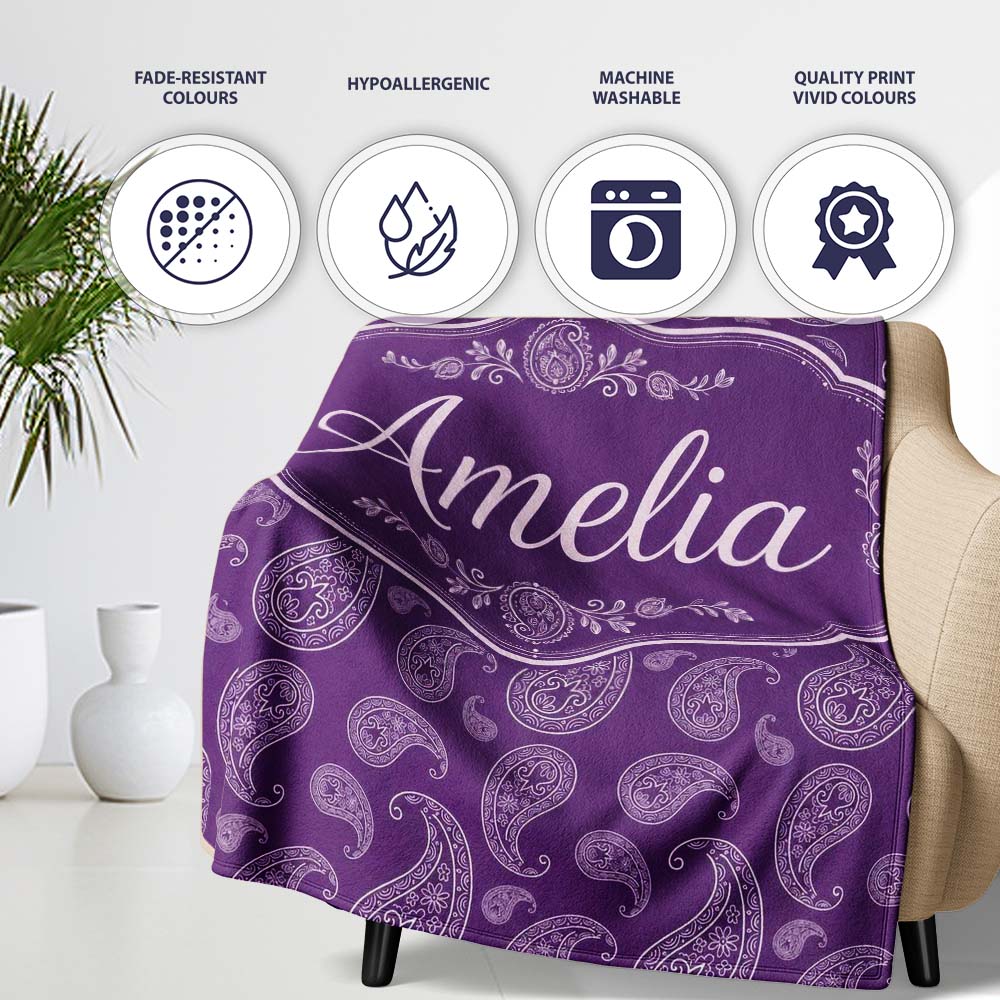Elegant White Paisley Floral Pattern on Deep Plum Purple Seamless  Personalised Custom Name Super Soft Fleece Blanket Bed Sofa Throw