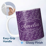 Personalized Custom Name Elegant White Paisley Floral Pattern on Deep Plum Purple Seamless 11oz Ceramic Coffee Tea Mug White Large Handle