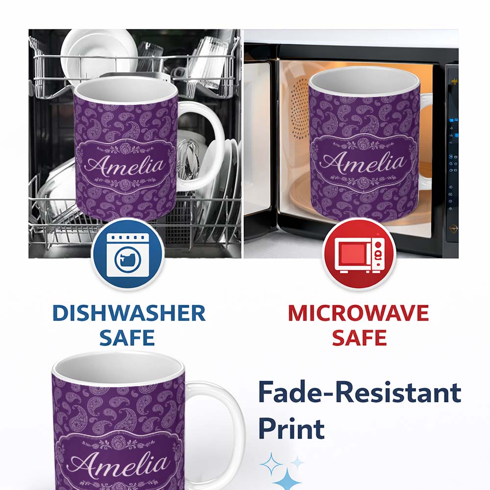 Personalized Custom Name Elegant White Paisley Floral Pattern on Deep Plum Purple Seamless 11oz Ceramic Coffee Tea Mug White Large Handle