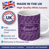 Personalized Custom Name Elegant White Paisley Floral Pattern on Deep Plum Purple Seamless 11oz Ceramic Coffee Tea Mug White Large Handle