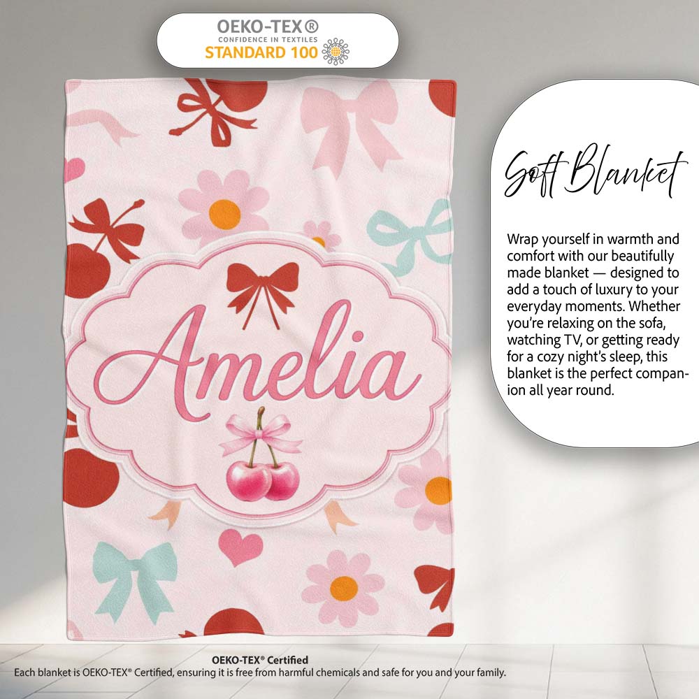 Cute Cherry Bow Daisy Floral Pastel Hearts and Flowers Background  Personalised Custom Name Super Soft Fleece Blanket Bed Sofa Throw