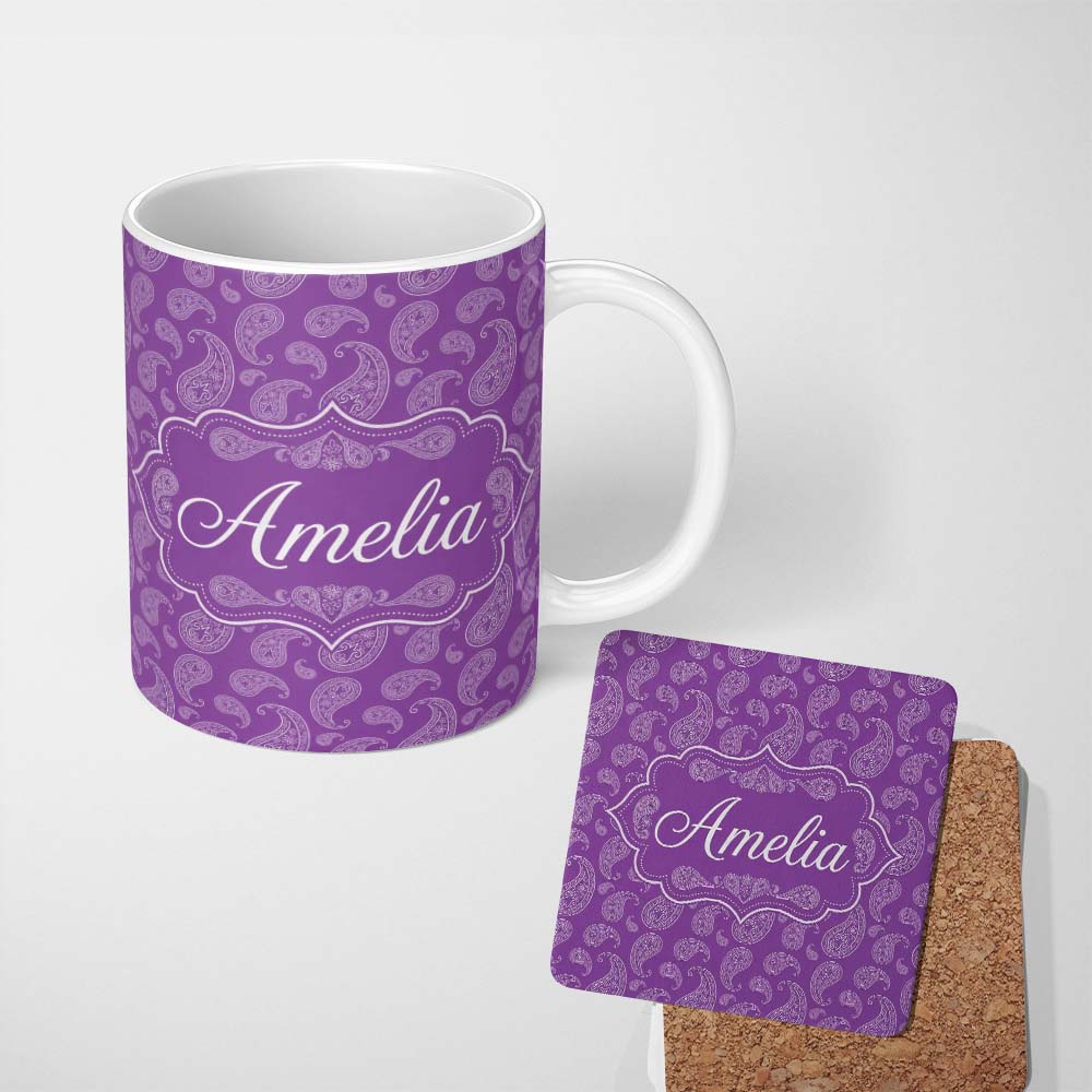 Personalized Custom Name Classic White Paisley Motif on Rich Violet Purple Background 11oz Ceramic Coffee Tea Mug White Large Handle