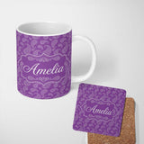 Personalized Custom Name Classic White Paisley Motif on Rich Violet Purple Background 11oz Ceramic Coffee Tea Mug White Large Handle