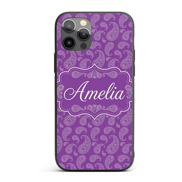 Classic White Paisley Motif on Rich Violet Purple Custom Name Protective Phone Case Mobile Cover Durable Everyday Smartphone Shock Resistant