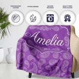 Classic White Paisley Motif on Rich Violet Purple Background  Personalised Custom Name Super Soft Fleece Blanket Bed Sofa Throw