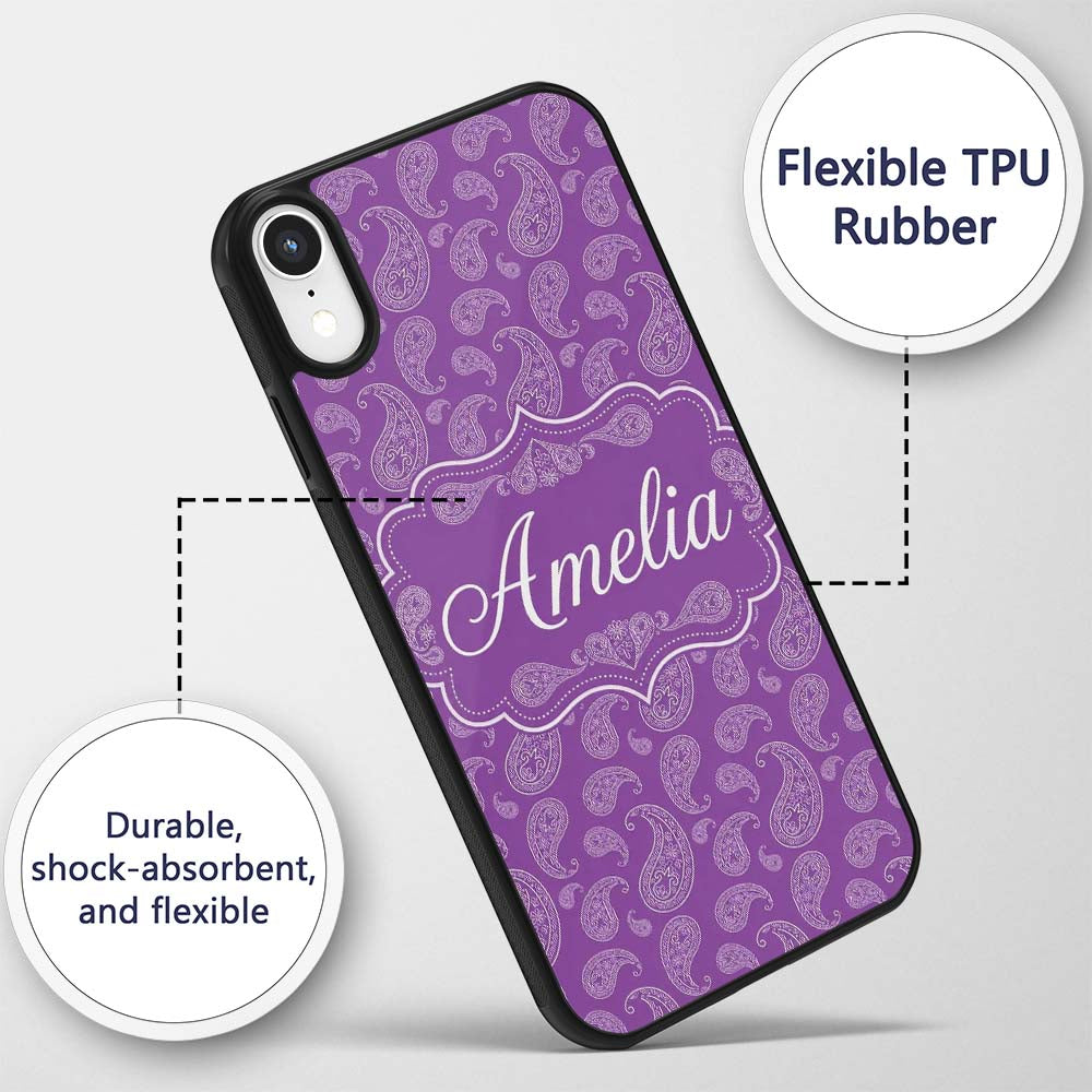 Classic White Paisley Motif on Rich Violet Purple Custom Name Protective Phone Case Mobile Cover Durable Everyday Smartphone Shock Resistant